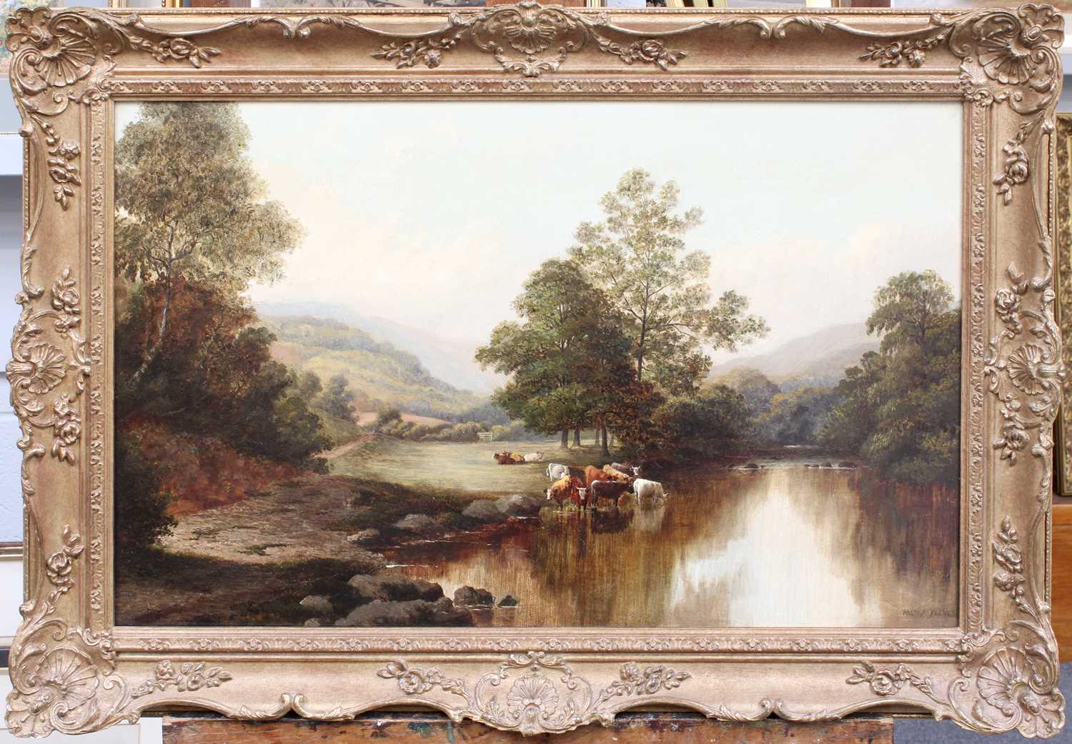 Walter Reeves (fl.1882-1900) Cattle watering in a river landscape Signed, oil on canvas, 42cm by - Image 2 of 2