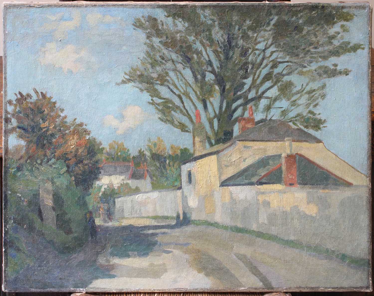 Manner of Robert Langley Hutton (1883-1919) Sun-dappled houses and a figure on a country road Oil on - Image 2 of 2