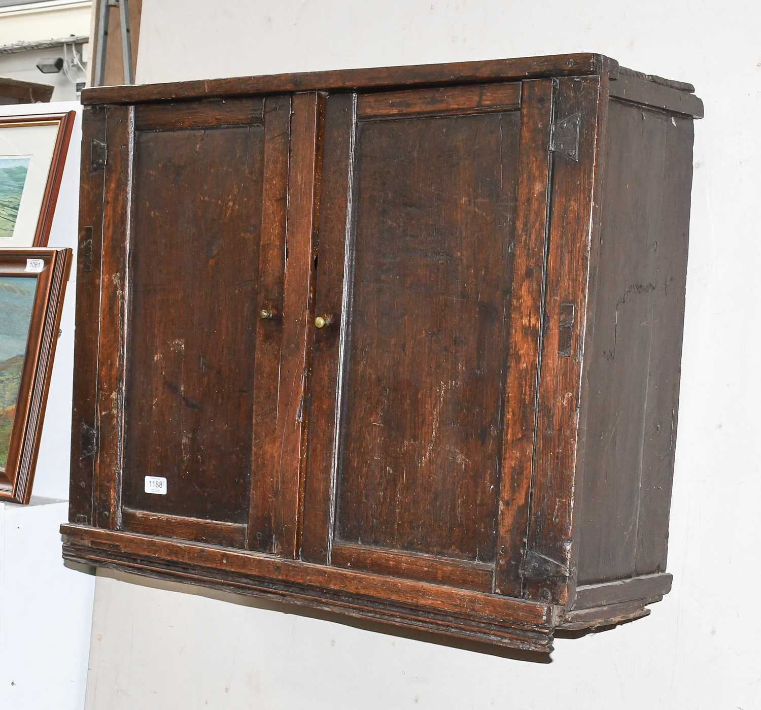 A 18th Century Oak Panelled Wall Cabinet, 77cm by 28cm by 63cm; together with an ebonised - Image 3 of 3