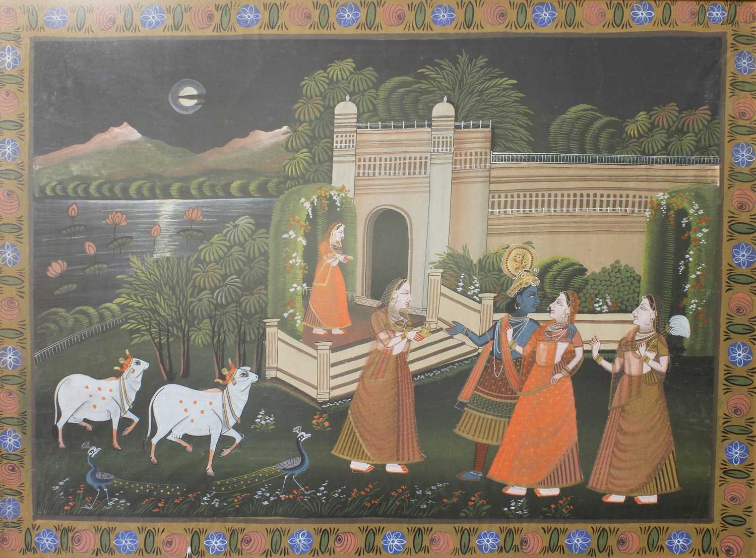 Indian Watercolour on Silk, depicting Shiva and attendants before a temple, 85cm by 115.5cm