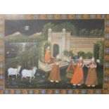 Indian Watercolour on Silk, depicting Shiva and attendants before a temple, 85cm by 115.5cm