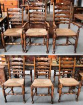 A Set of Six Titchmarsh & Goodwin Style Ladderback Dining Chairs, with rush seats, comprising two