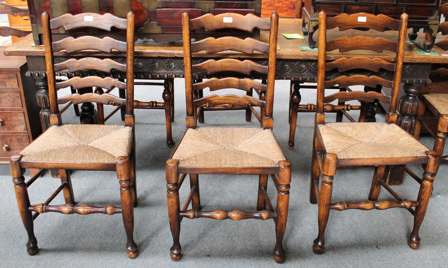 A Set of Six Titchmarsh & Goodwin Style Ladderback Dining Chairs, with rush seats, comprising two - Image 3 of 3