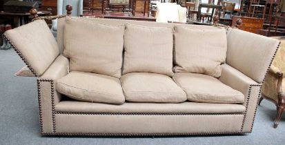 A Knole Style Drop End Sofa, with mahognay finials, 220cm