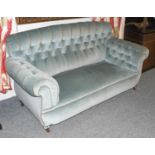 A Blue Upholstered Victorian Button Backed Sofa, 190cm Velveteen fabric 95cm high by 190cm wide by