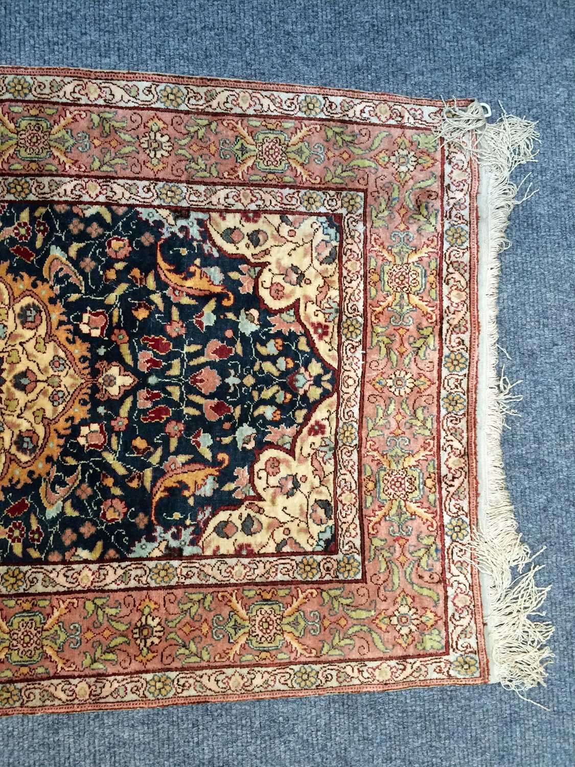 A Hereke Silk Rug, the indigo field of flowering plants, framed by mustard spandrels and ivory - Image 4 of 14