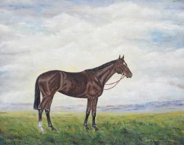 John G Brearley (Contemporary) "Blue Radience" Study of a dark bay horse in an extensive landscape
