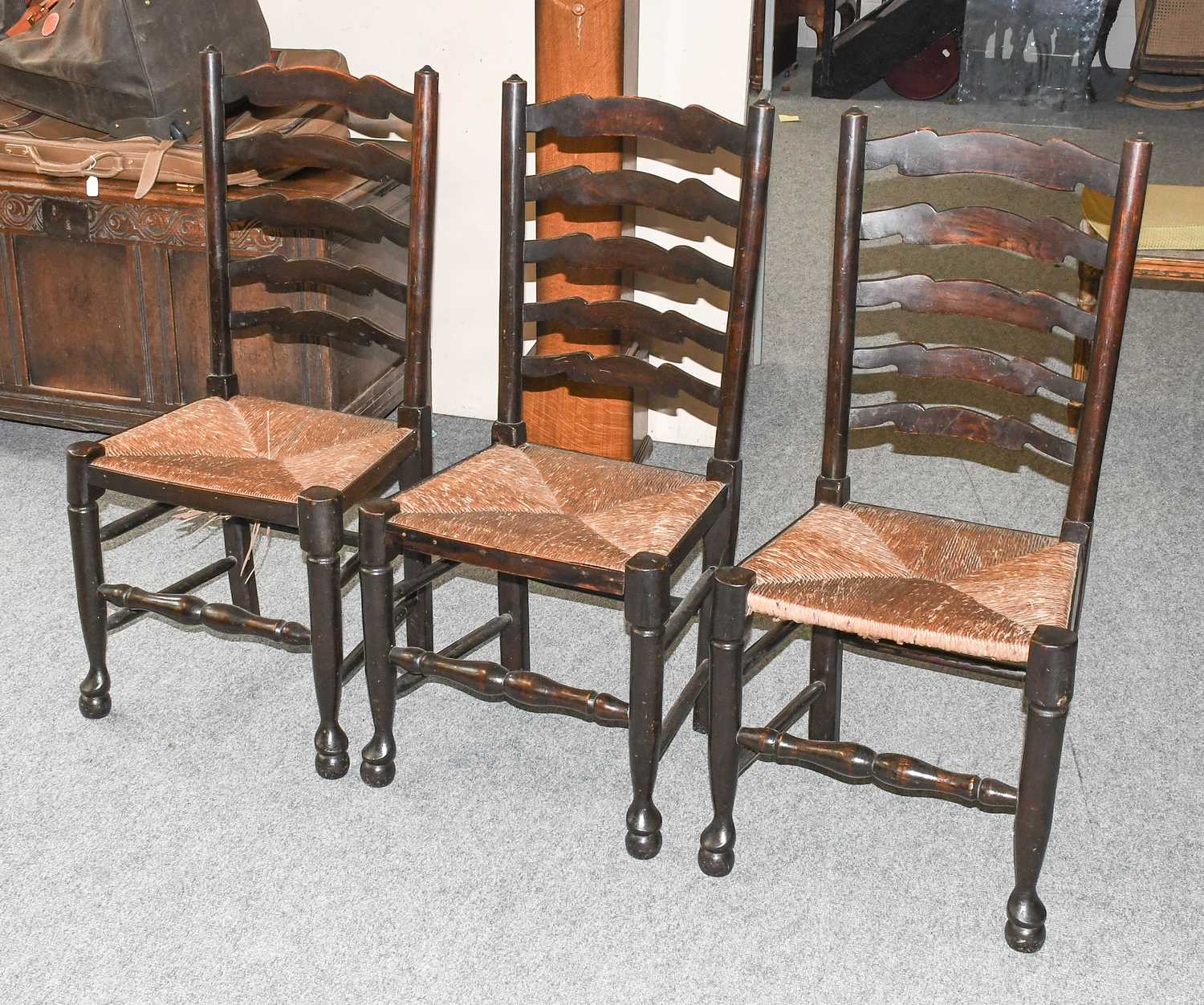 A Set of Eight Rush Seated Oak Ladderback Chairs - Image 3 of 5