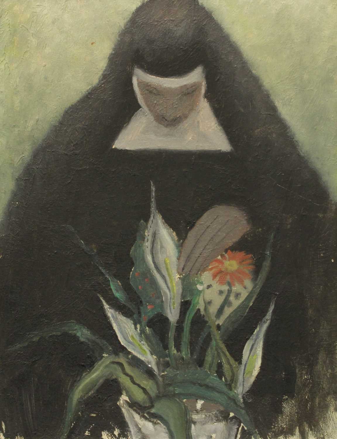 British School (20th Century) Nun arranging flowers Oil on board, together with a further work by