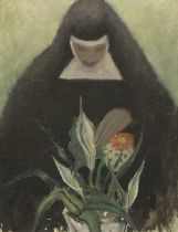 British School (20th Century) Nun arranging flowers Oil on board, together with a further work by