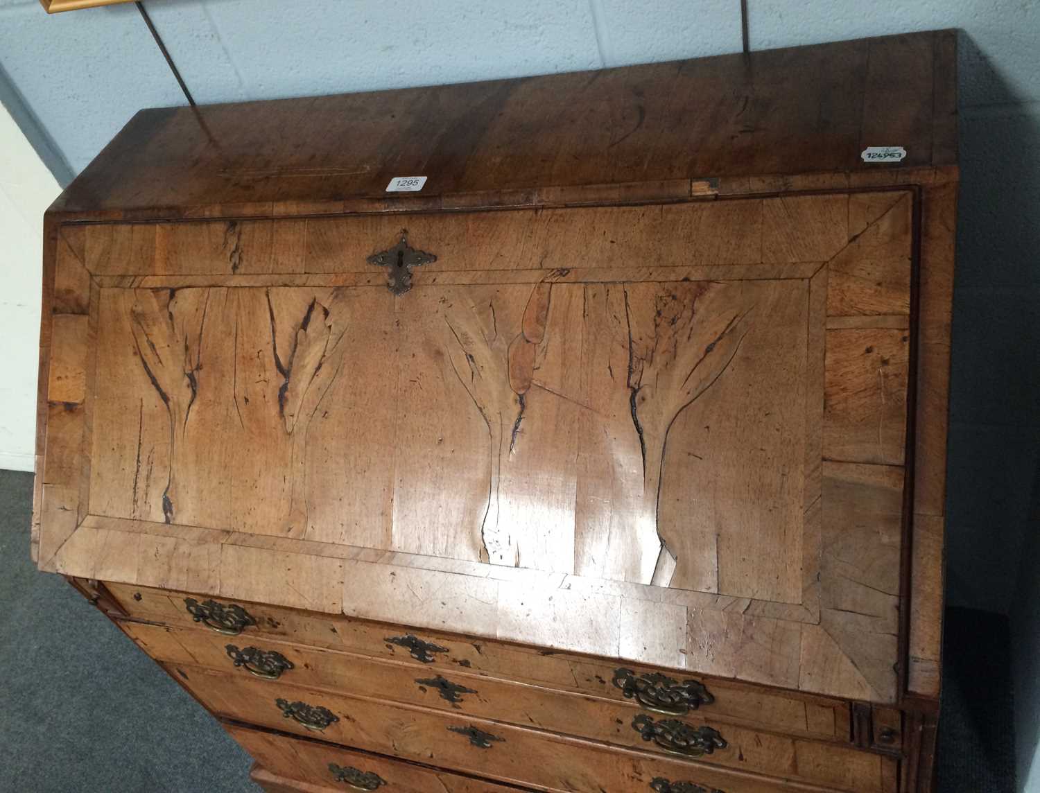 An 18th Century Walnut and Crossbanded Bureau, the fall flap opening to reveal fitted interior - Image 4 of 11