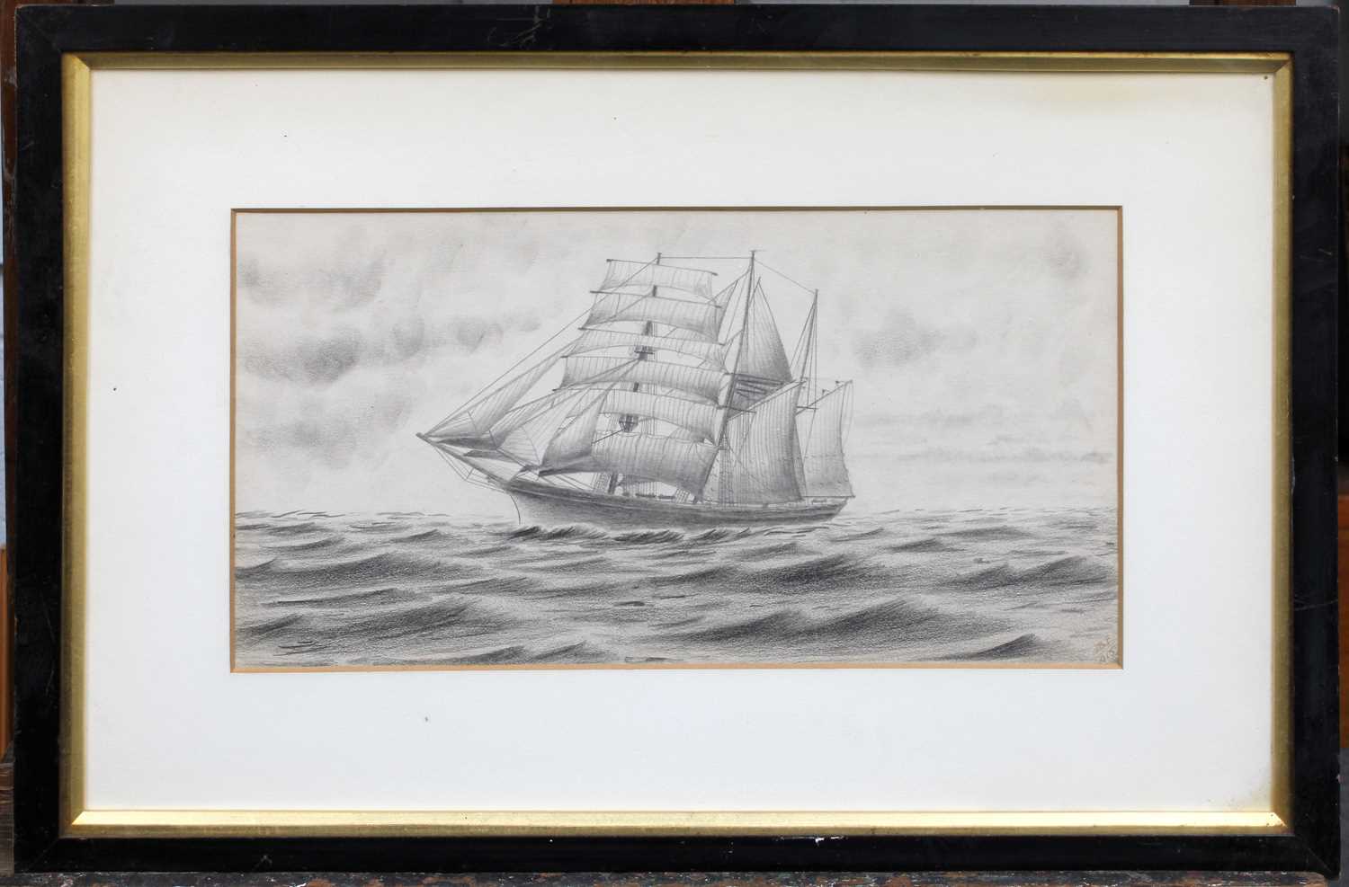A Collection of Pictures and Prints, to include a pencil sketch of a ship in full mast, initialled - Image 3 of 3