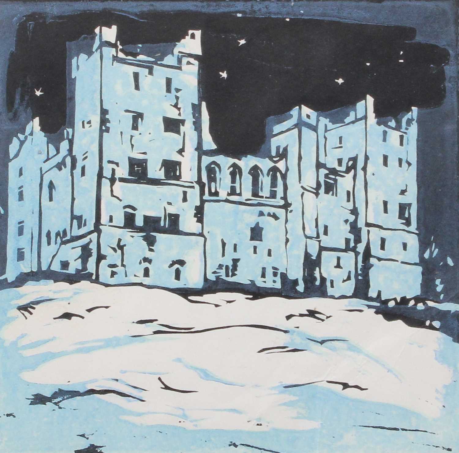 Fred Lawson (1888-1968) Bolton Castle in the snow Signed, woodcut, together with a further woodcut