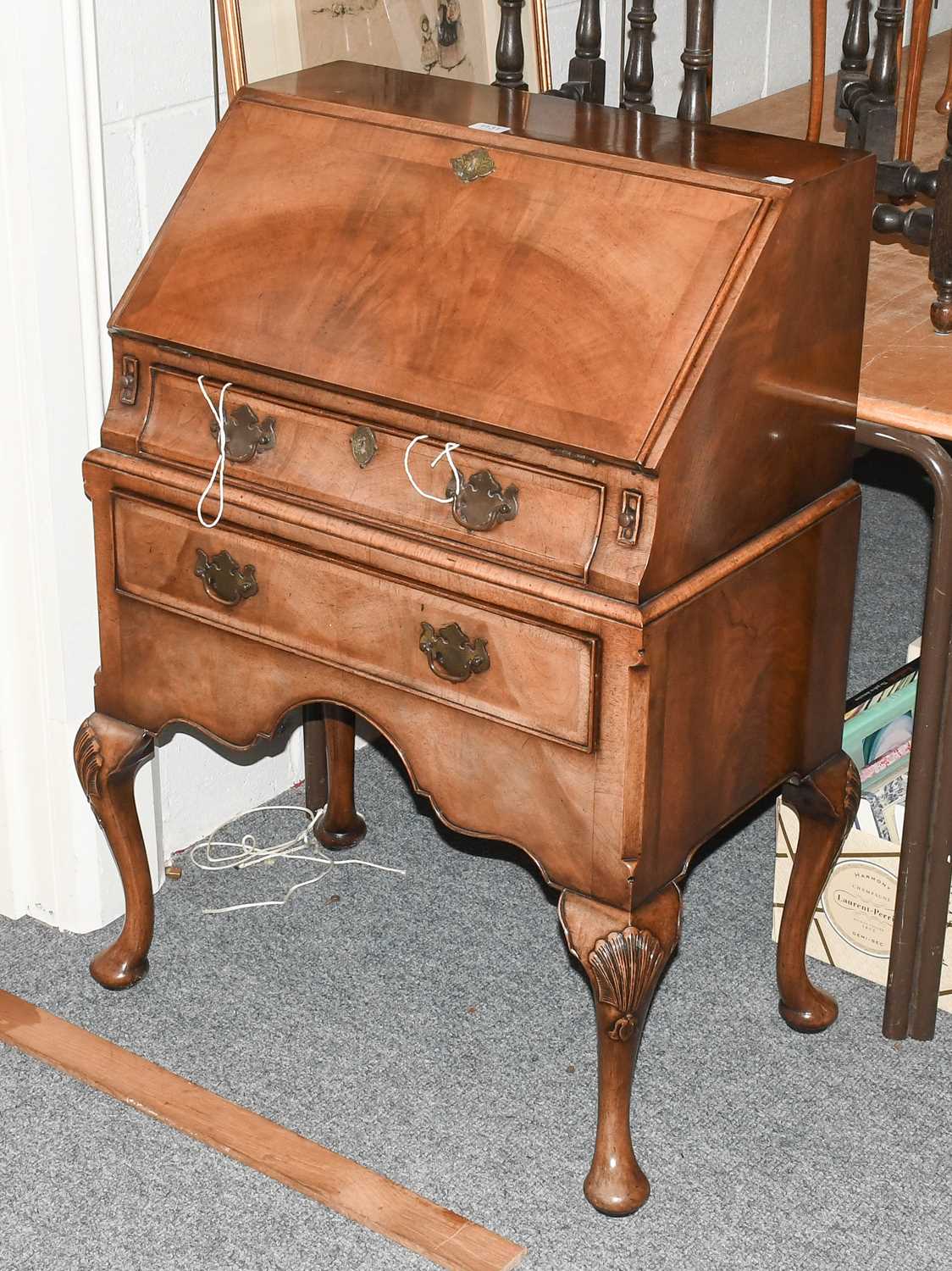 A 20th Century Walnut Bureau, an oak drop leaf table, a nest of reproduction burr walnut tables - Image 2 of 3