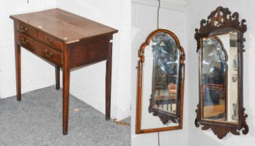 A George III Crossbanded Mahogany Side Table, fitted with three drawers, 75cm by 45cm by 72cm;