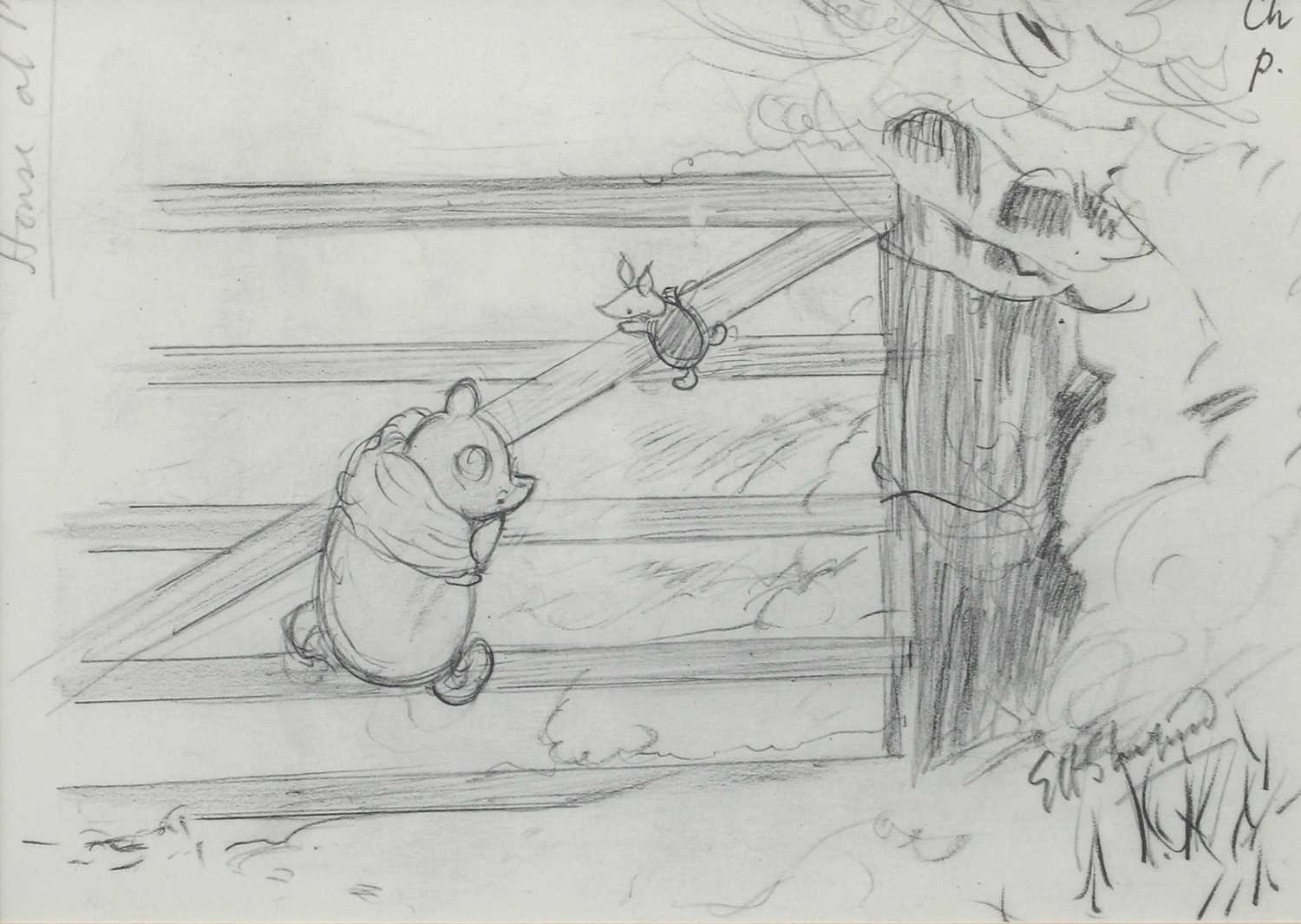 After E H Sheperd (1879-1976) Winnie The Pooh & Piglet Climbing a Gate Reproduction; together with