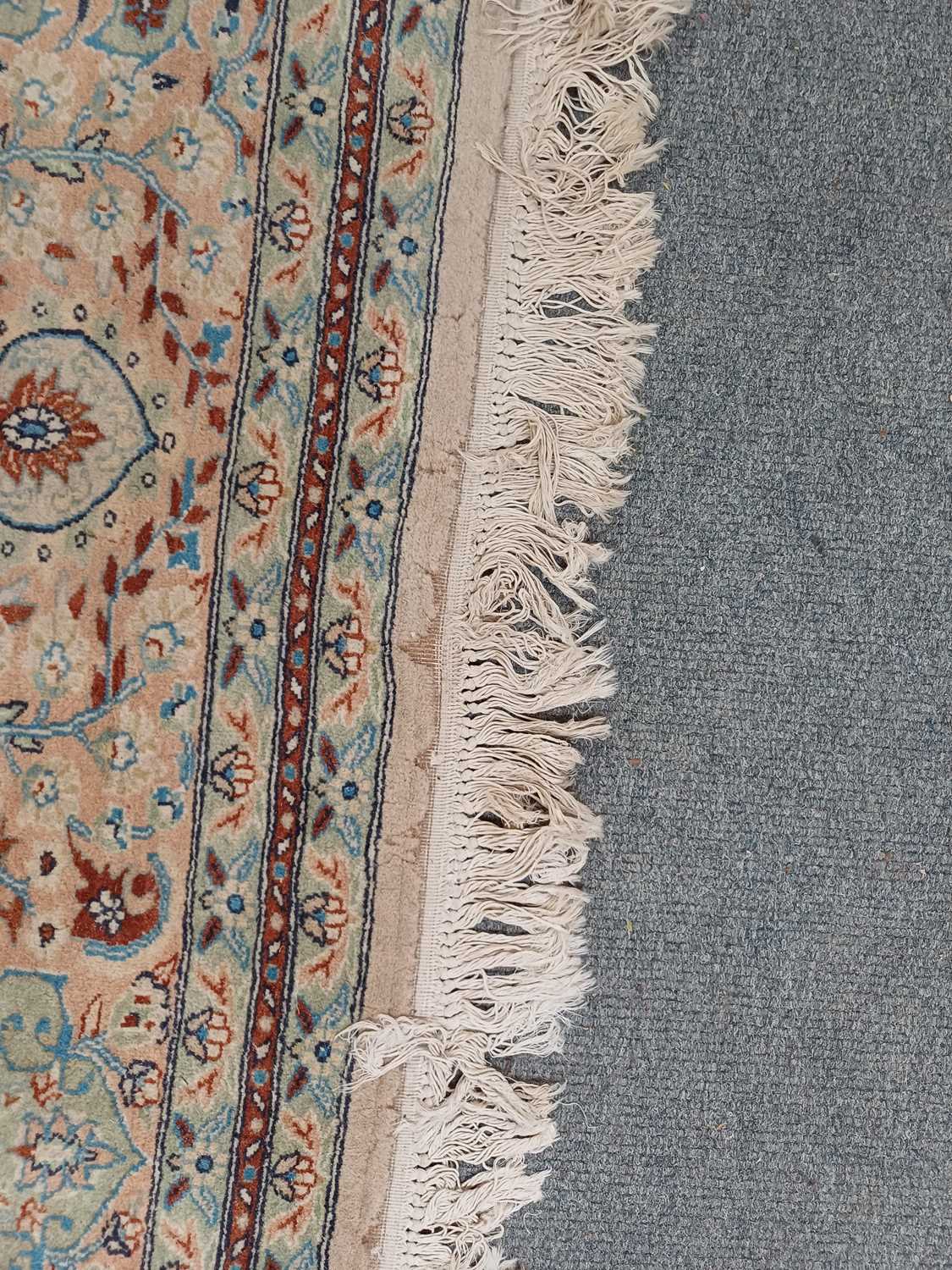 Kashan Design Carpet, the cream field of vines centred by a medallion, framed by spandrels and - Image 8 of 10