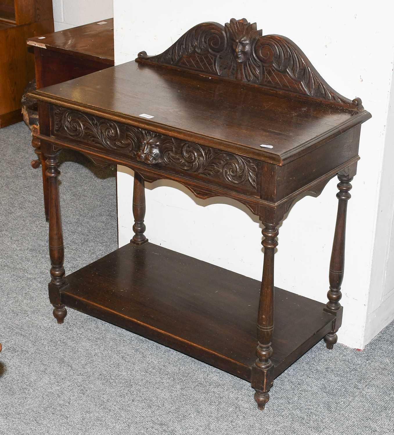 A Victorian Oak Side Table, 84cm by 47cm by 92cm, fitted with a drawer, together with a carved oak - Image 3 of 3