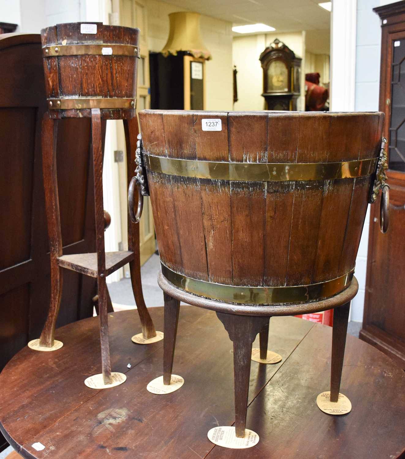 A Large Coopered Oak Planter with Twin Handles, and smaller example on stand (2)