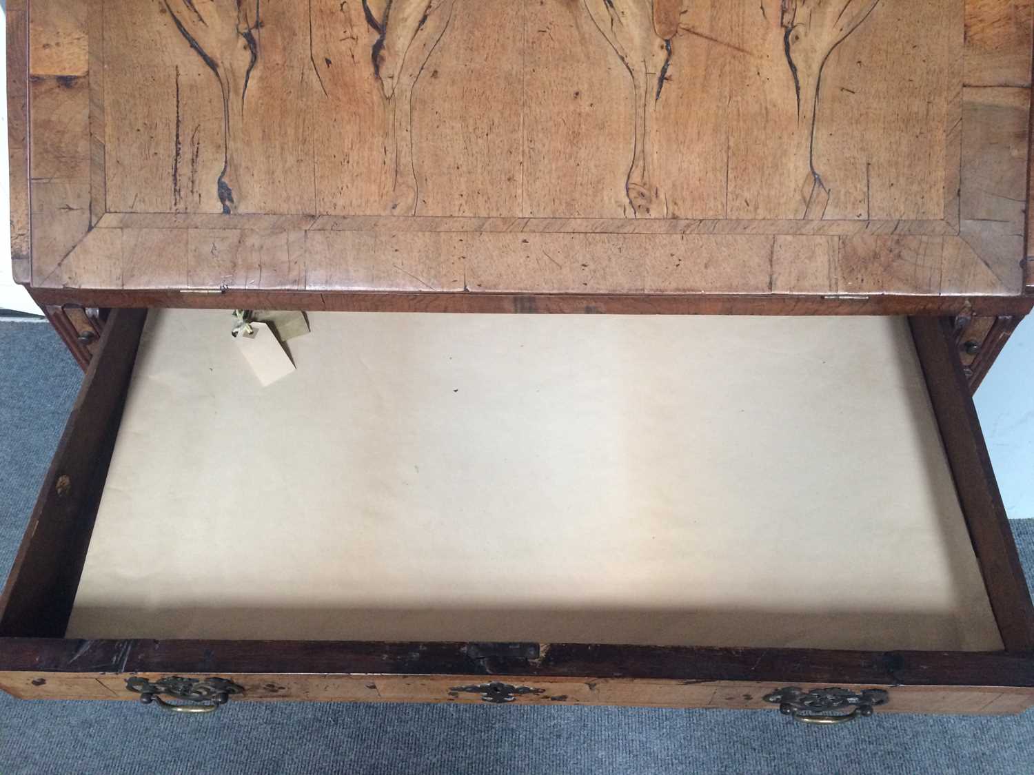 An 18th Century Walnut and Crossbanded Bureau, the fall flap opening to reveal fitted interior - Image 7 of 11