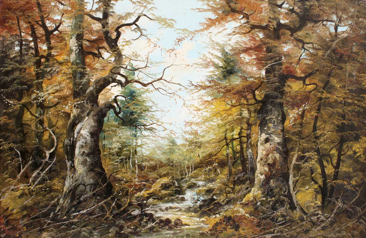 F* Wabrilka (20th Century) An autumnal landscape with wooded ghyll Signed, inscribed verso, oil on