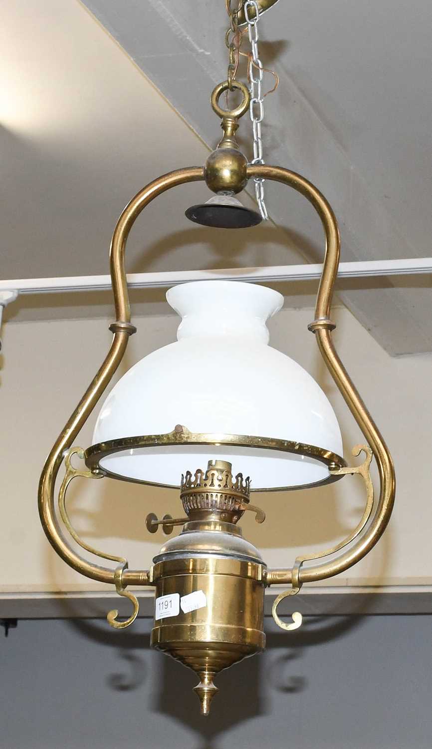 A Set of Three Brass Oil Lanterns, two with opaque white shades, drop 67cm - Image 4 of 4