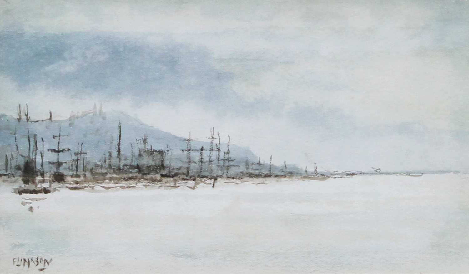 Frank Henry Mason RBA, RI, RSMA (1875-1965) Masted ships in a harbour Signed, watercolour, 10cm by