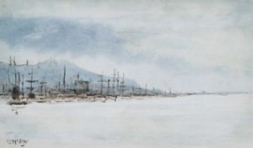 Frank Henry Mason RBA, RI, RSMA (1875-1965) Masted ships in a harbour Signed, watercolour, 10cm by