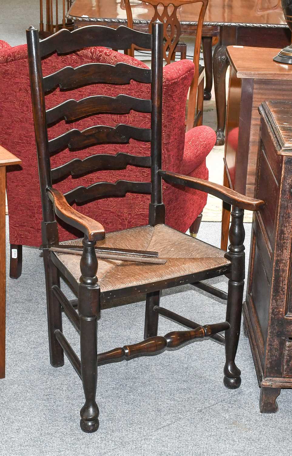 A Set of Eight Rush Seated Oak Ladderback Chairs - Image 5 of 5