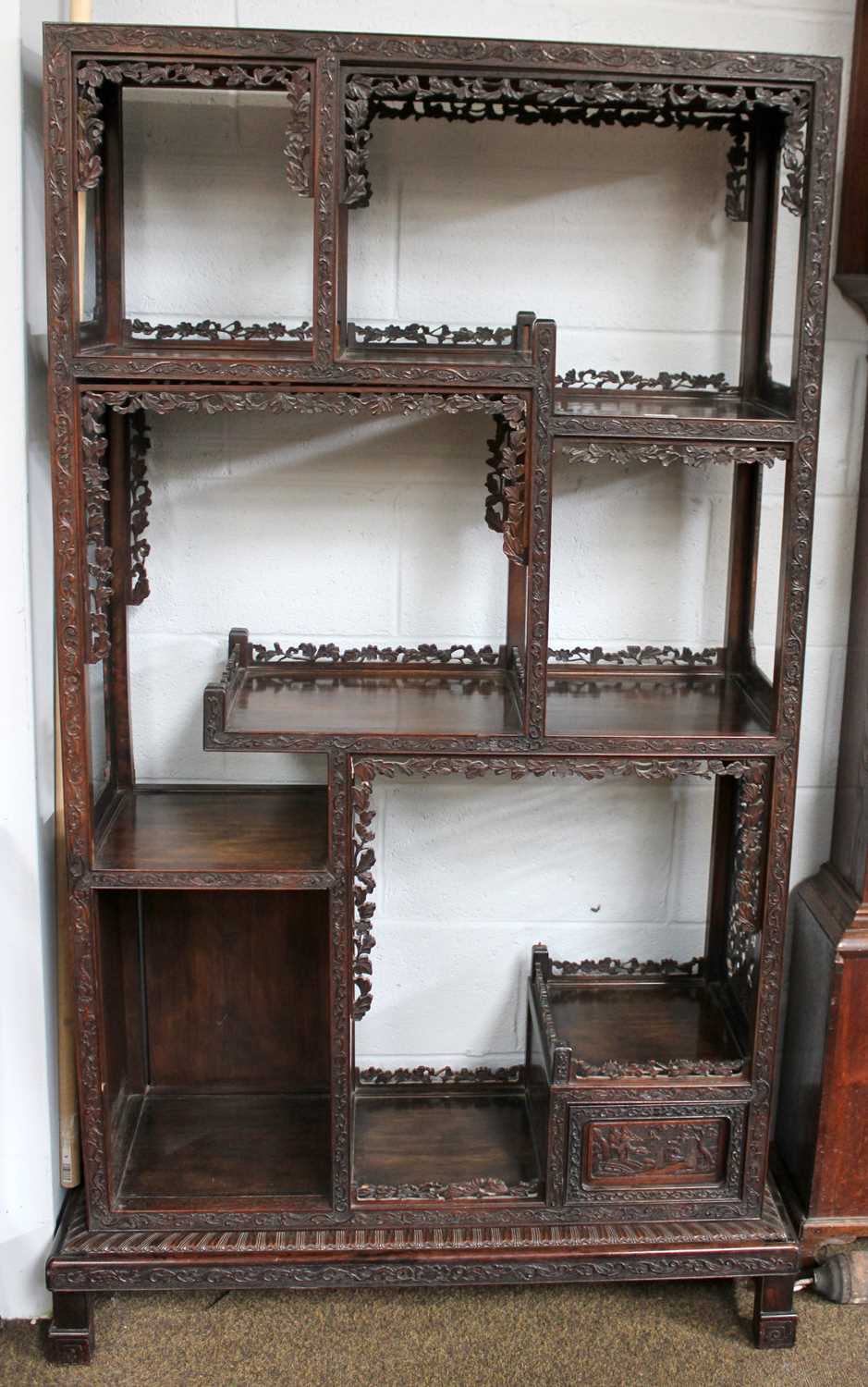 A Chinese Export Carved Hardwood Display Cabinet, early 20th century, the framework carved as a - Image 12 of 14