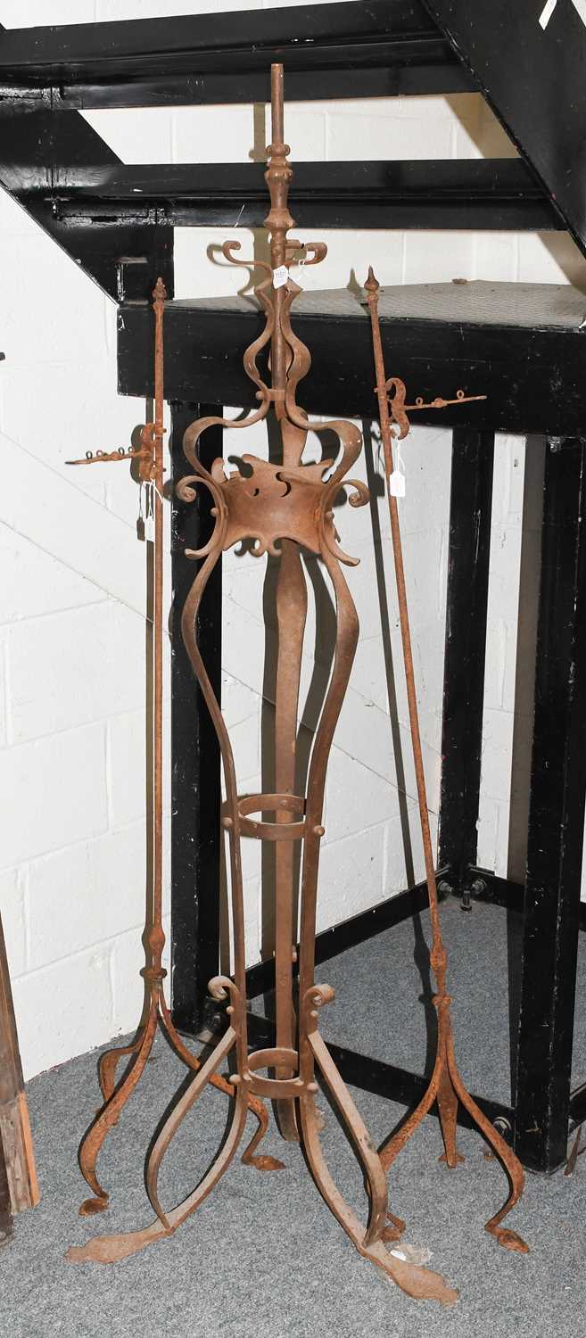 A 15th Century Style Wrought Iron Stand, 181cm, together with a pair of further iron stands