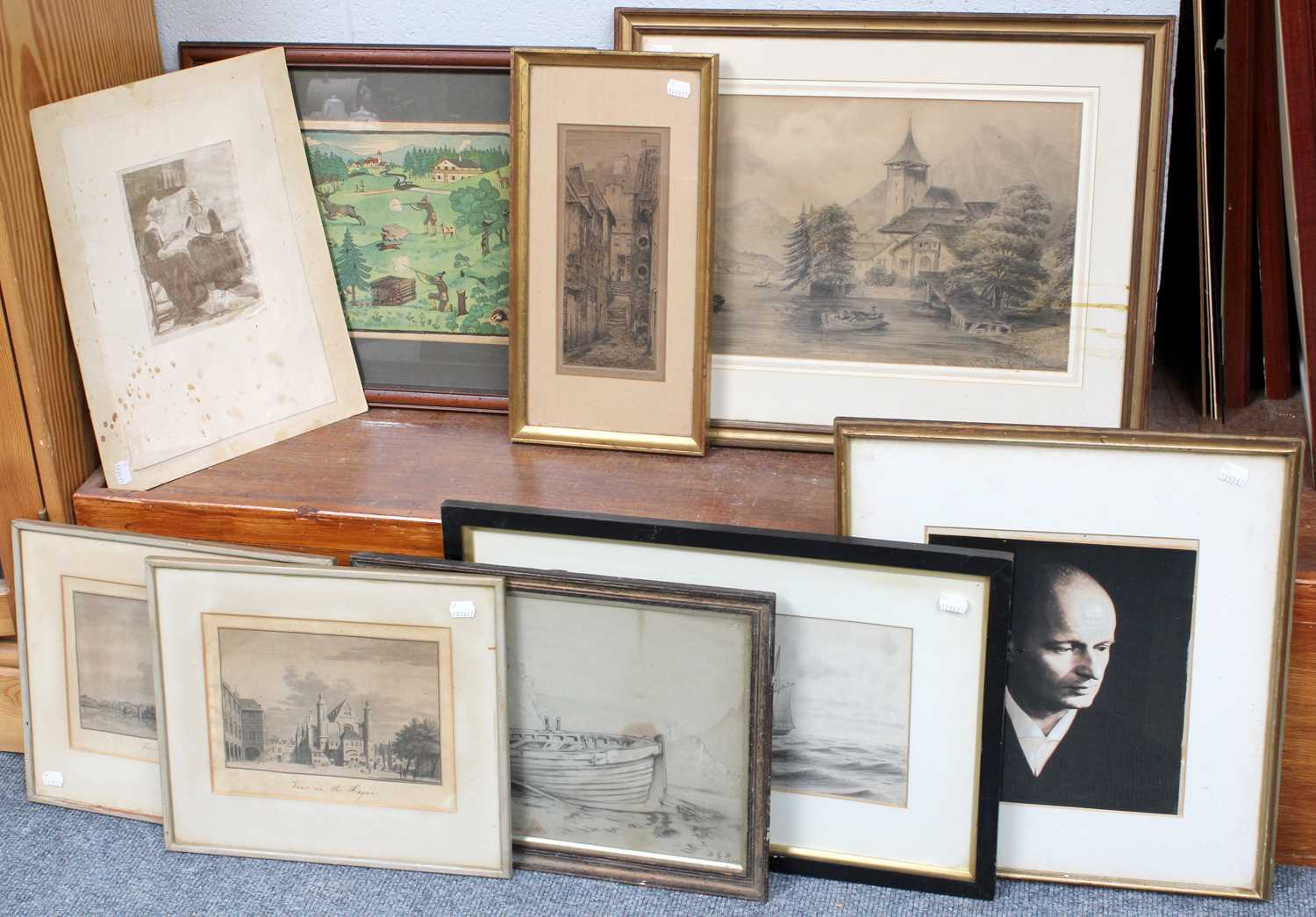 A Collection of Pictures and Prints, to include a pencil sketch of a ship in full mast, initialled - Image 2 of 3