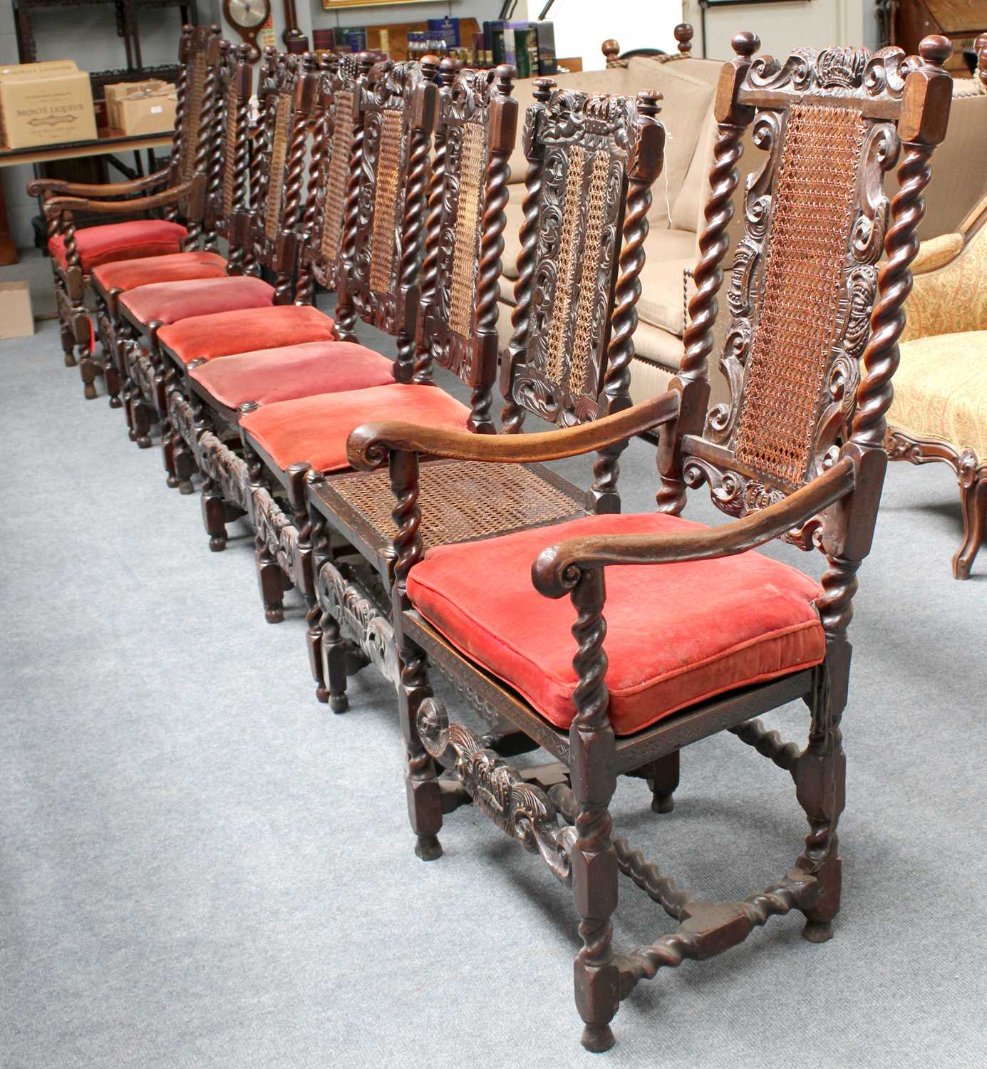 A Harlequin Set of Eight (6+2) William & Mary Carved Walnut High-Back Side Chairs, Late 17th - Image 7 of 7