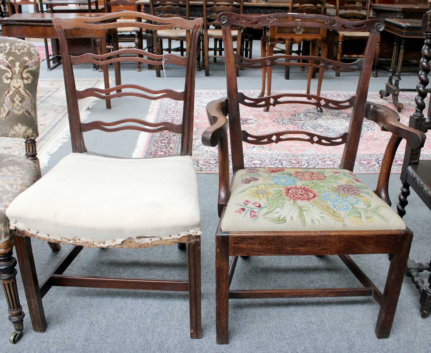 A Georgian Mahogany Ladder Back Side Chair, together with a similar open arm example