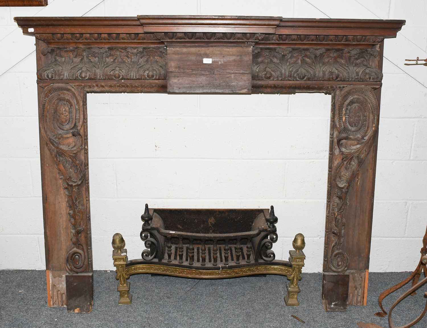 A Neo Classical Gilt Brass and Cast Iron Fire Grate, 96cm wide; together with a carved oak break - Image 2 of 3