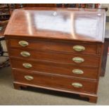 A George III Mahogany Bureau, with fall flap, opening to reveal fitted interior, four graduated