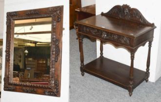 A Victorian Oak Side Table, 84cm by 47cm by 92cm, fitted with a drawer, together with a carved oak