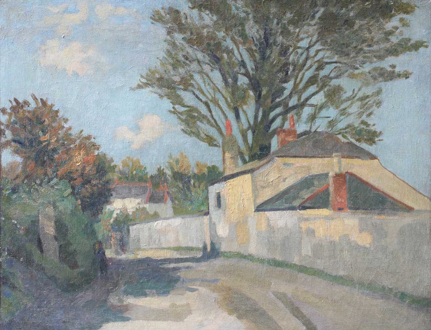 Manner of Robert Langley Hutton (1883-1919) Sun-dappled houses and a figure on a country road Oil on
