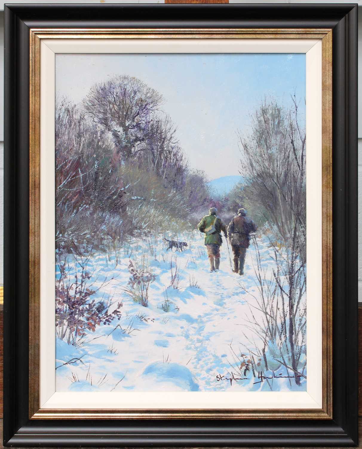 Stephen Hawkins (b.1964) Sportsmen and dog in a winter landscape Signed, oil on board, 39cm by - Image 2 of 4