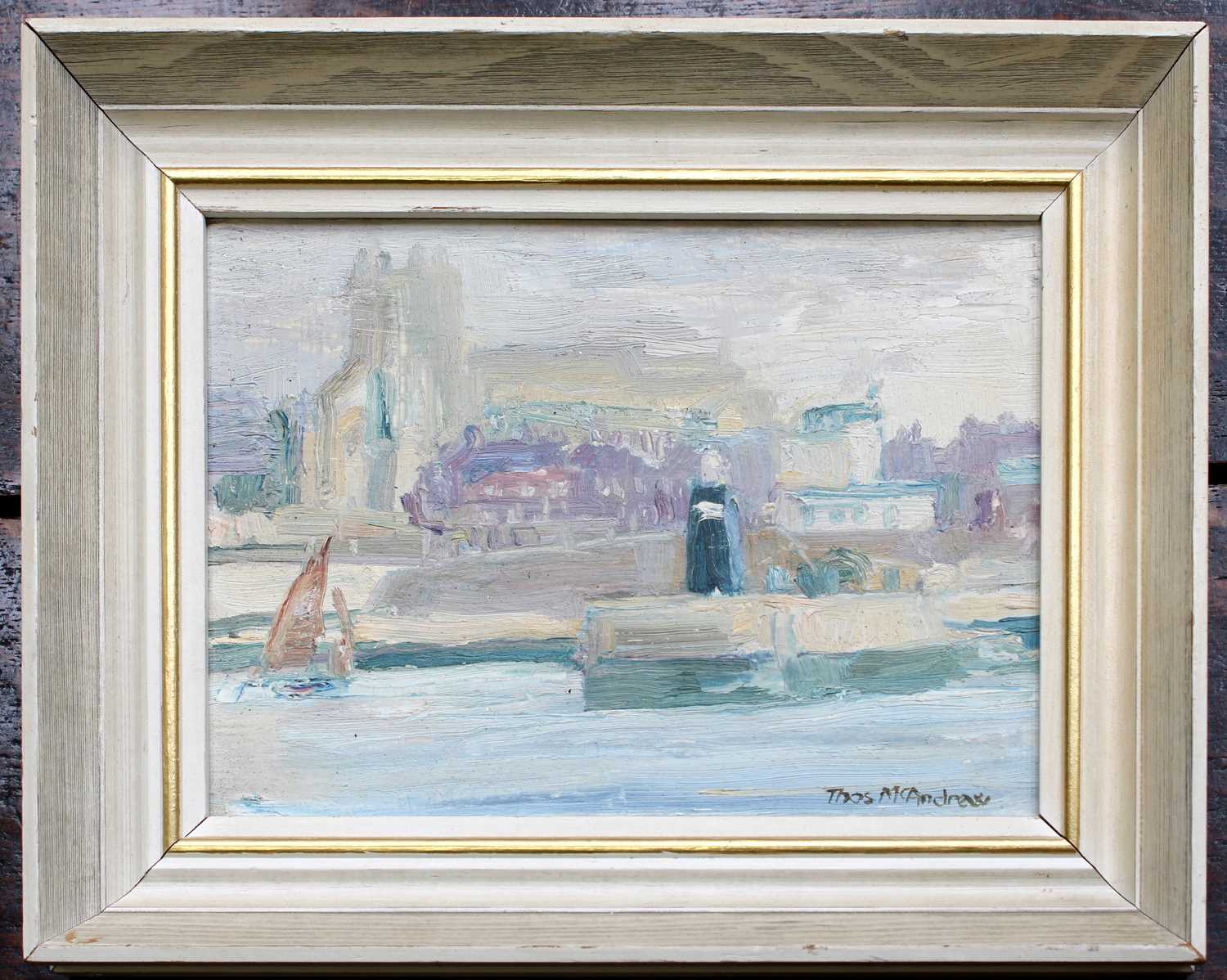 Thomas McAndrew (1916-2002) Moored boat with lighhouse beyond Signed, oil on board, together with - Image 6 of 8