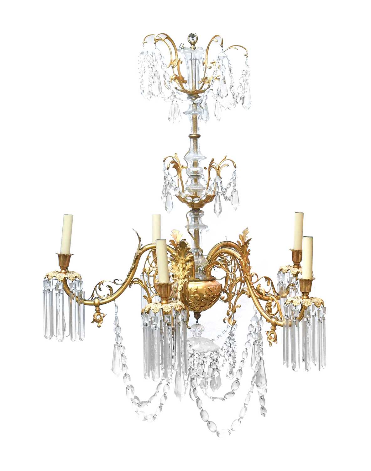 ~ A Late 19th Century Ormolu and Cut-Glass Five-Light Chandelier, the central shaft support