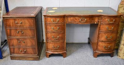A Reproduction Walnut Leather Inset Desk, together with a two door reproduction filing cabinet