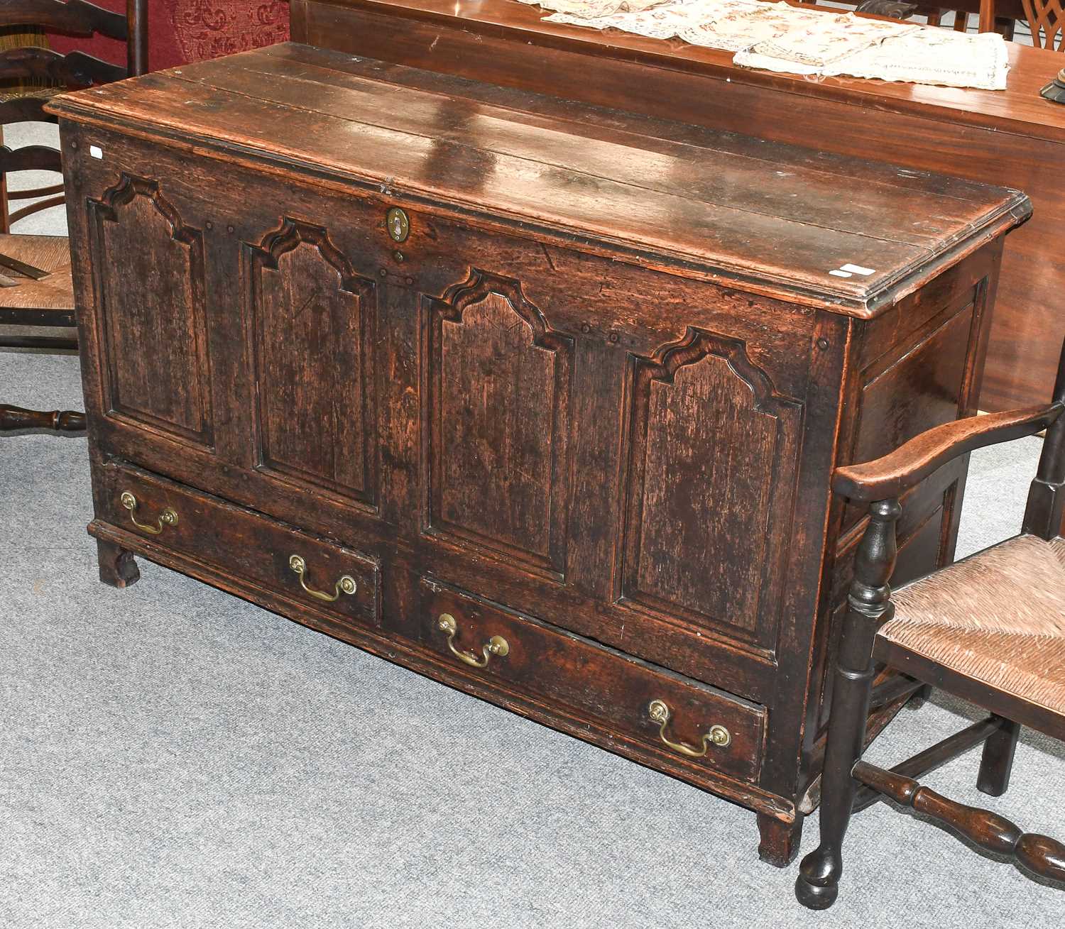 An 18th Century Oak Mule Chest, 140cm by 55cm by 86cm