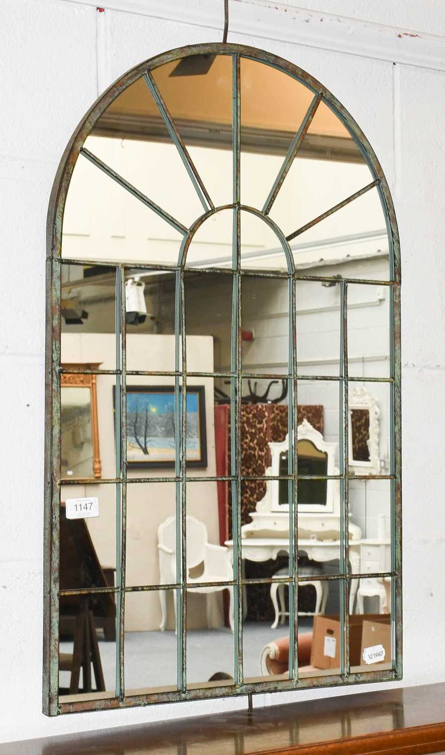 A Pair of Arch Mirrors, in the form of windows with verdigris patinated metal work Dimensions - 77cm - Image 2 of 3