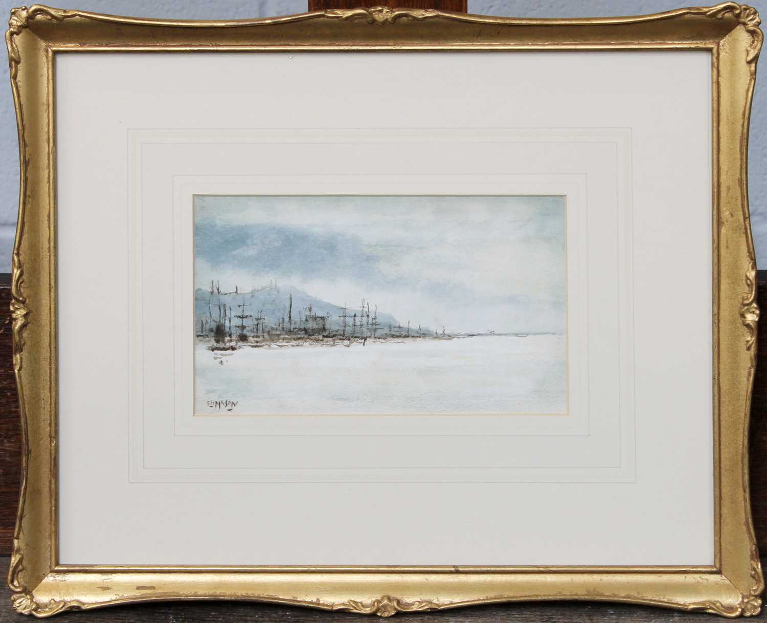 Frank Henry Mason RBA, RI, RSMA (1875-1965) Masted ships in a harbour Signed, watercolour, 10cm by - Image 2 of 2