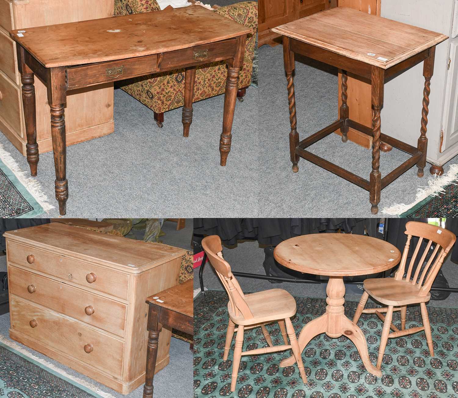 A Group of Pine Furniture Comprising, a pine country kitchen breakfast table; together with two