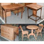 A Group of Pine Furniture Comprising, a pine country kitchen breakfast table; together with two