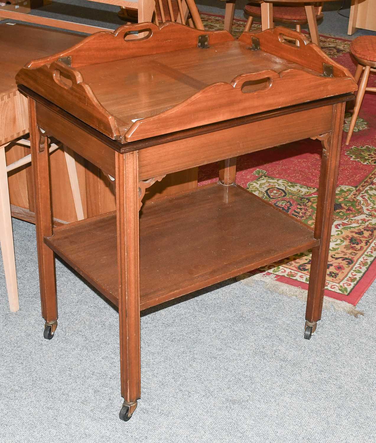 A Reproduction Mahogany Butler's Tray, with four handled folding sides; raised on stand to - Image 2 of 2