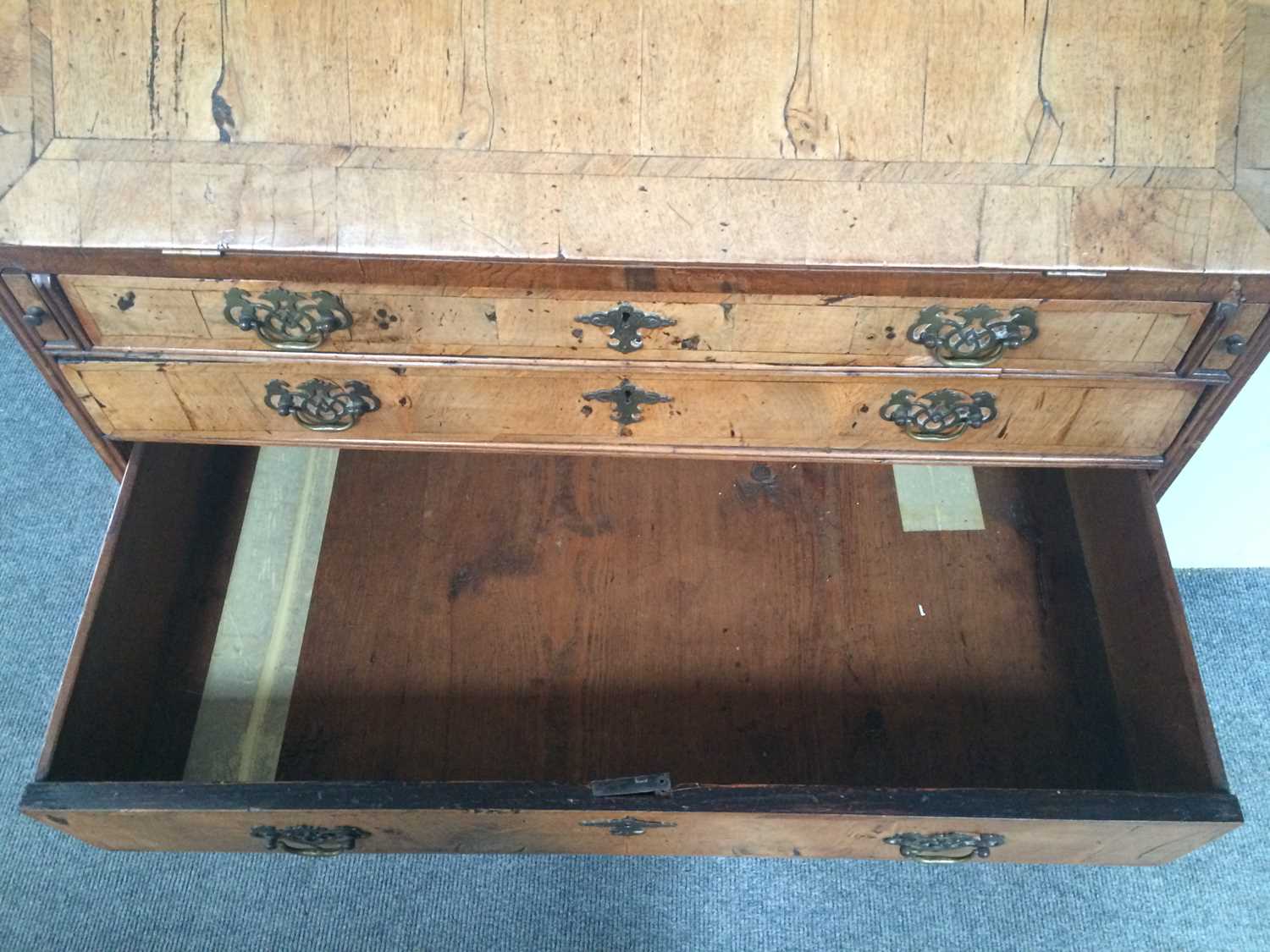 An 18th Century Walnut and Crossbanded Bureau, the fall flap opening to reveal fitted interior - Image 10 of 11