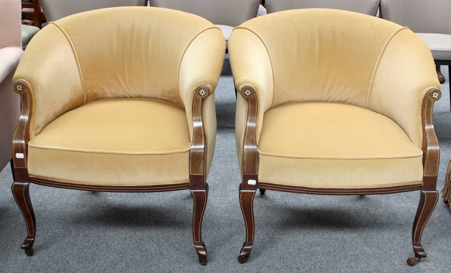 A Pair of Edwardian Inlaid Mahogany Horse Shoe Back Chairs